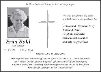 Traueranzeige von Erna Bohl 