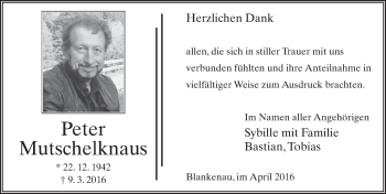 Traueranzeige von Peter Mutschelknaus 