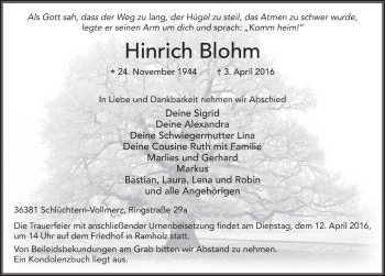 Traueranzeige von Hinrich Blohm 