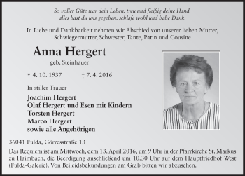Traueranzeige von Anna Hergert 