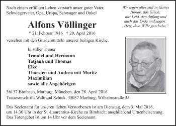 Traueranzeige von Alfons Völlinger 