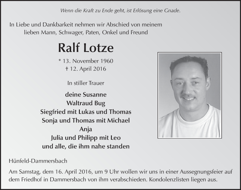  Traueranzeige für Ralf Lotze vom 14.04.2016 aus 