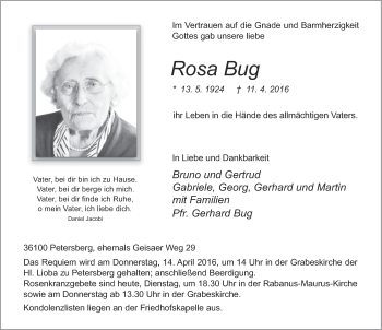 Traueranzeige von Rosa Bug 