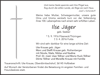 Traueranzeige von Ilse Jäger 