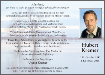 Traueranzeige von Hubert Kremer 