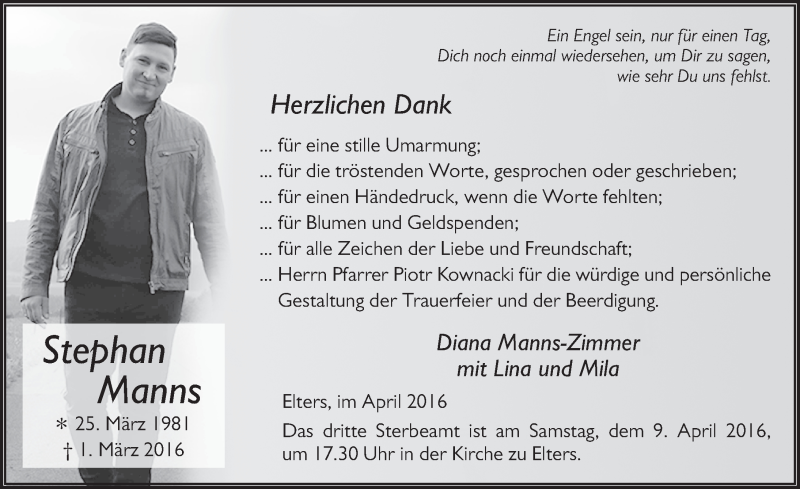  Traueranzeige für Stephan Manns vom 07.04.2016 aus 