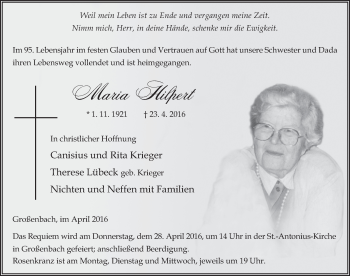Traueranzeige von Maria Hilpert 