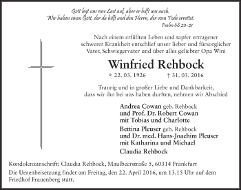 Traueranzeige von Winfried Rehbock 