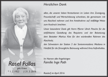 Traueranzeige von Rosel Pallas 