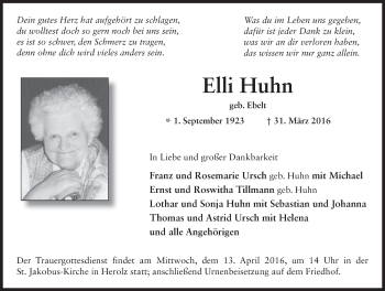 Traueranzeige von Elli Huhn 
