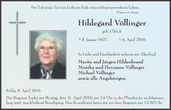 Traueranzeige von Hildegard Völlinger 