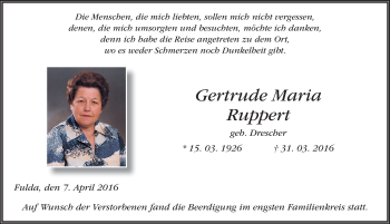 Traueranzeige von Gertrude Maria Ruppert 