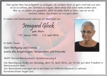 Traueranzeige von Irmgard Glock 
