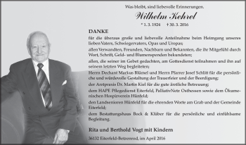 Traueranzeige von Wilhelm Kehrel 