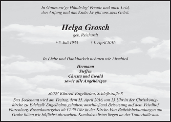 Traueranzeige von Helga Grosch 