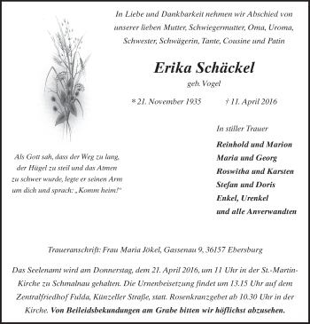 Traueranzeige von Erika Schäckel 