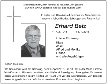 Traueranzeige von Erhard Betz 