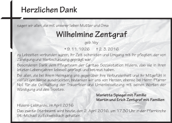 Traueranzeige von Wilhelmine Zentgraf 
