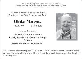 Traueranzeige von Ulrike Marwitz 