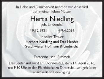 Traueranzeige von Herta Niedling 