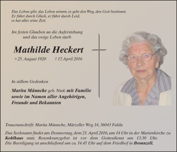 Traueranzeige von Mathilde Heckert 