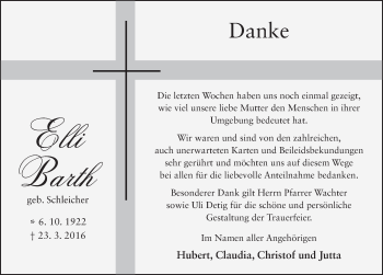 Traueranzeige von Elli Barth 