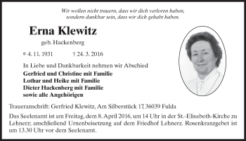 Traueranzeige von Erna Klewitz 