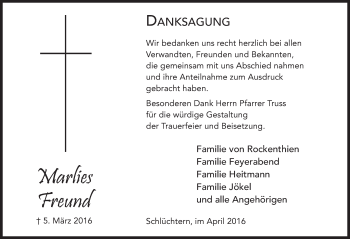 Traueranzeige von Marlies Freund 