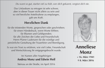 Traueranzeige von Anneliese Monz 