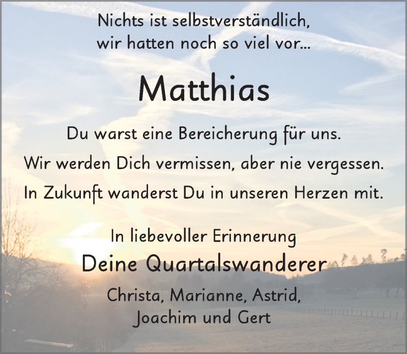  Traueranzeige für Matthias Mehler vom 20.04.2016 aus 