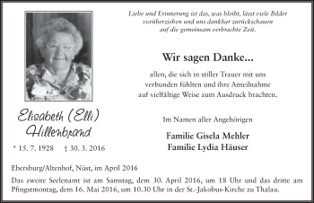 Traueranzeige von Elisabeth Hillenbrand 