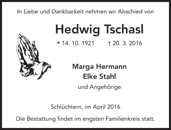 Traueranzeige von Hedwig Tschasl 