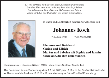 Traueranzeige von Johannes Koch 
