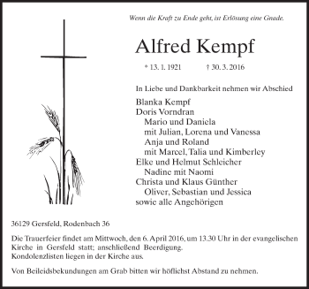 Traueranzeige von Alfred Kempf 