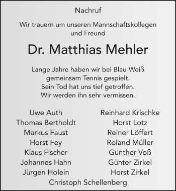 Traueranzeige von Matthias Mehler 