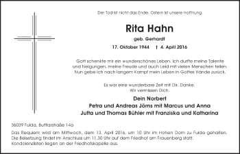 Traueranzeige von Rita Hahn 