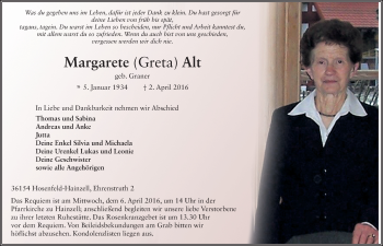 Traueranzeige von Greta Alt 
