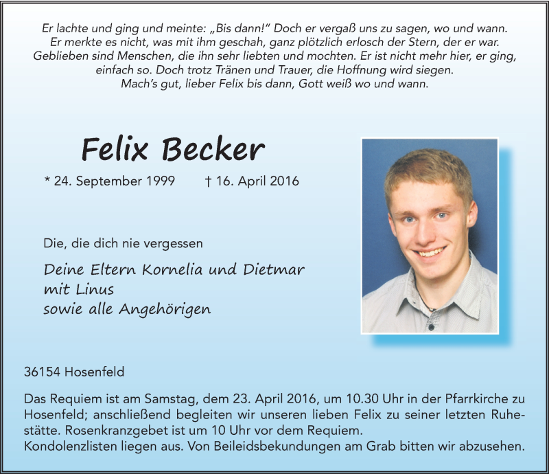  Traueranzeige für Felix Becker vom 21.04.2016 aus 