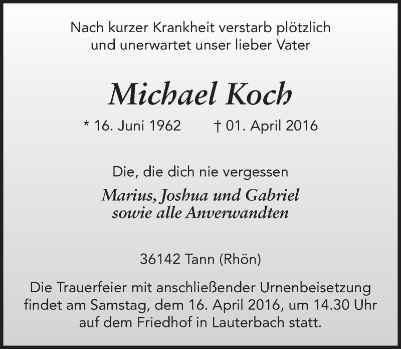  Traueranzeige für Michael Koch vom 12.04.2016 aus 
