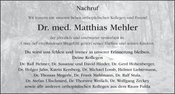 Traueranzeige von Matthias Mehler 
