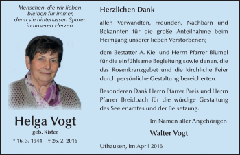 Traueranzeige von Helga Vogt 