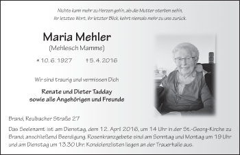 Traueranzeige von Maria Mehler 