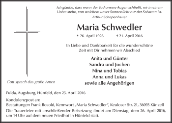 Traueranzeige von Maria Schwedler 