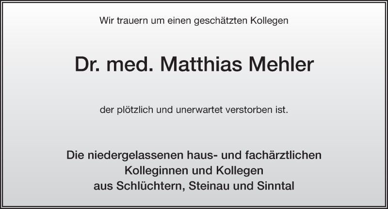  Traueranzeige für Matthias Mehler vom 20.04.2016 aus 