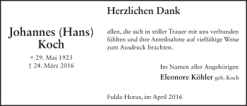 Traueranzeige von Johannes Koch 