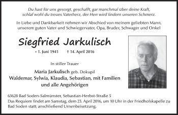 Traueranzeige von Siegfried Jarkulisch 