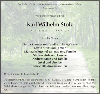Traueranzeige von Karl Wilhelm Stolz 