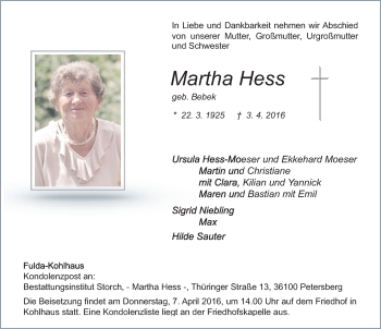 Traueranzeige von Martha Hess 