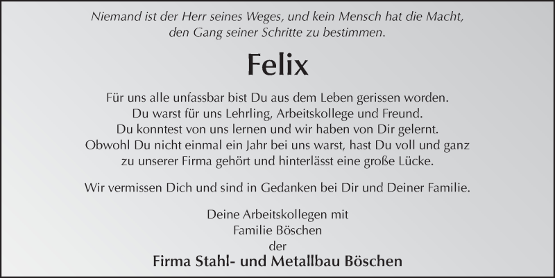  Traueranzeige für Felix Becker vom 21.04.2016 aus 