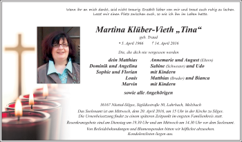 Traueranzeige von Martina Klüber-Vieth 